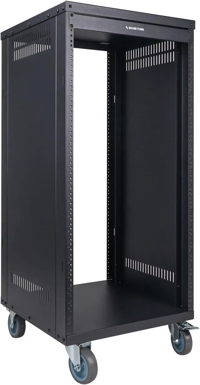 Alt view image 3 of 7 - Sound Town 21U Universal Steel Rack, w/Mesh Doors, Locking Casters, Vented Side Panels for Audio Video, Server and Network Equipment (STRK-M21UWD)