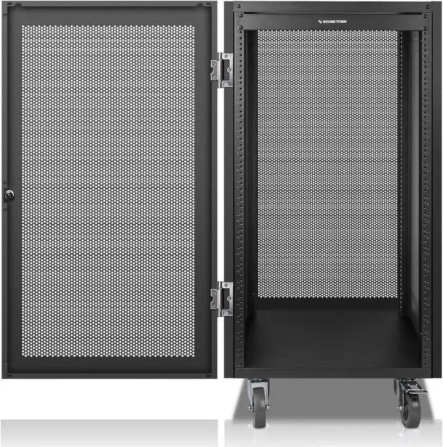Main image of Sound Town 21U Universal Steel Rack, w/Mesh Doors, Locking Casters, Vented Side Panels for Audio Video, Server and Network Equipment (STRK-M21UWD)