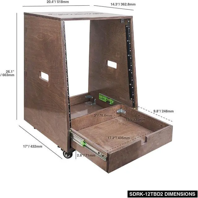 Alt view image 6 of 7 - Sound Town 12U DIY Slanted Studio Rack with 12U Rack Space, Extra 2U Drawer, Plywood, Rubber Feet, Casters, Weathered Gray (SDRK-12TBD2)