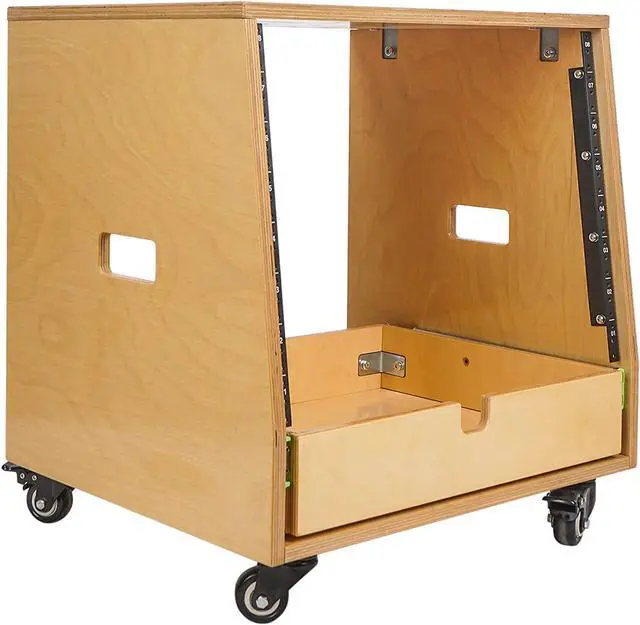 Main image of Sound Town 8U DIY Slanted Studio Rack with 8U Rack Space, Extra 2U Drawer, Plywood, Rubber Feet, Casters, Golden Oak (SDRK-8TD2)