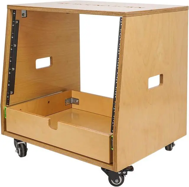 Alt view image 3 of 6 - Sound Town 8U DIY Slanted Studio Rack with 8U Rack Space, Extra 2U Drawer, Plywood, Rubber Feet, Casters, Golden Oak (SDRK-8TD2)