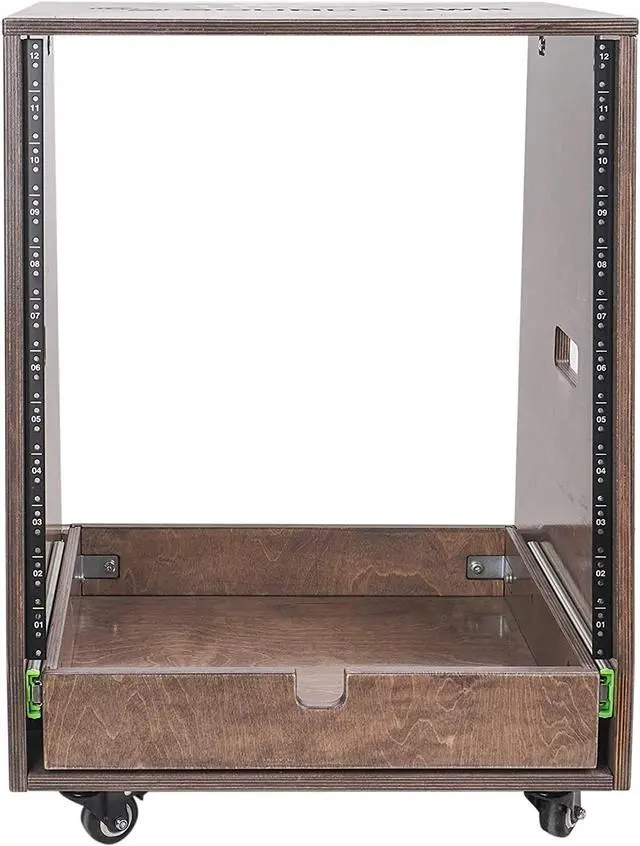 Alt view image 4 of 7 - Sound Town 12U DIY Slanted Studio Rack with 12U Rack Space, Extra 2U Drawer, Plywood, Rubber Feet, Casters, Weathered Gray (SDRK-12TBD2)