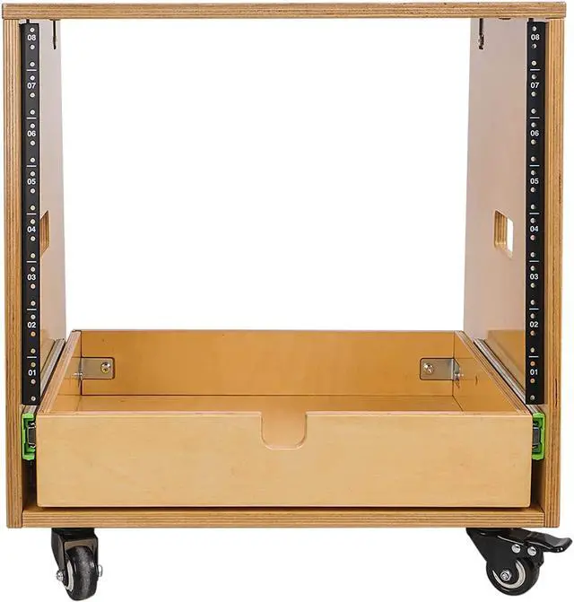Alt view image 2 of 6 - Sound Town 8U DIY Slanted Studio Rack with 8U Rack Space, Extra 2U Drawer, Plywood, Rubber Feet, Casters, Golden Oak (SDRK-8TD2)