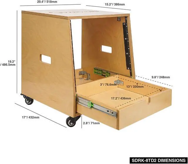 Alt view image 5 of 6 - Sound Town 8U DIY Slanted Studio Rack with 8U Rack Space, Extra 2U Drawer, Plywood, Rubber Feet, Casters, Golden Oak (SDRK-8TD2)