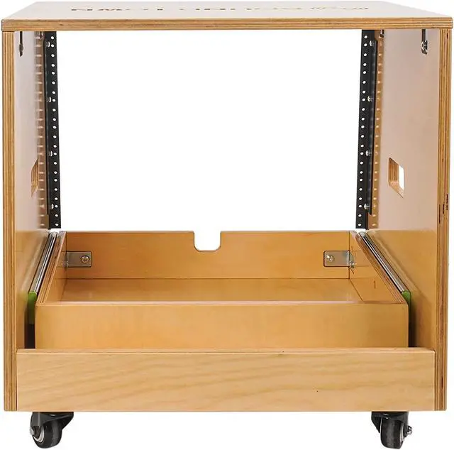 Alt view image 4 of 6 - Sound Town 8U DIY Slanted Studio Rack with 8U Rack Space, Extra 2U Drawer, Plywood, Rubber Feet, Casters, Golden Oak (SDRK-8TD2)