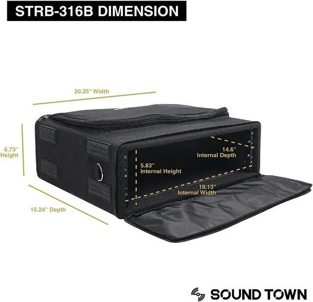 Alt view image 6 of 6 - Sound Town Portable 3U Rack Bag, Soft Rack Case with 14" Rackable Depth, Plywood Rack Frame, Shoulder Strap, Accessory Pocket (STRB-316B)