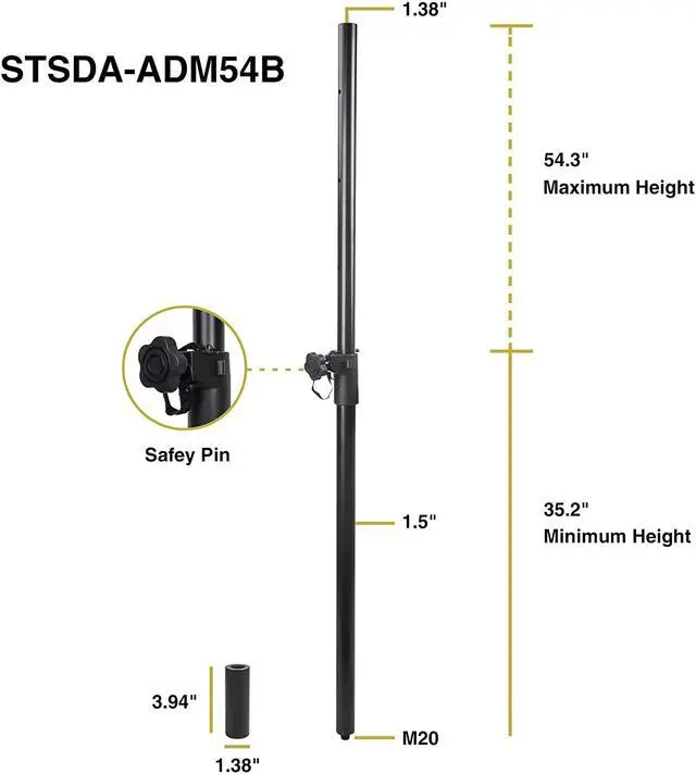 Alt view image 6 of 6 - Sound Town 2-Pack Subwoofer/Speaker Poles with Adjustable Height, with M20 Threaded Lower End & 35mm Adaptor, Black (STSDA-ADM54B-PAIR)