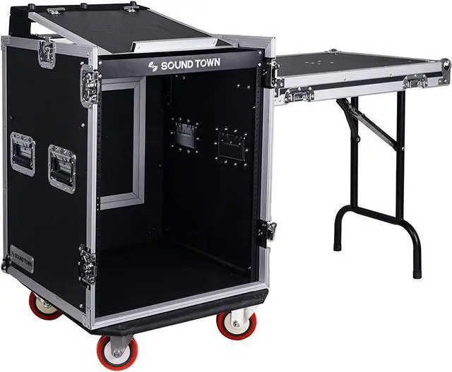Alt view image 8 of 14 - Sound Town 14-Space PA/DJ Rack/Road ATA Server Case with Slant Mixer Top and Standing Lid Table (STMR-14UWT)