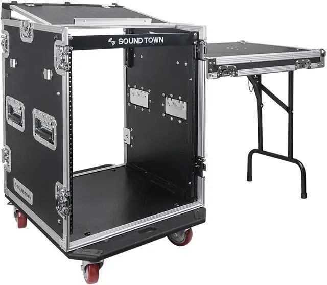 Alt view image 10 of 14 - Sound Town 14-Space PA/DJ Rack/Road ATA Server Case with Slant Mixer Top and Standing Lid Table (STMR-14UWT)