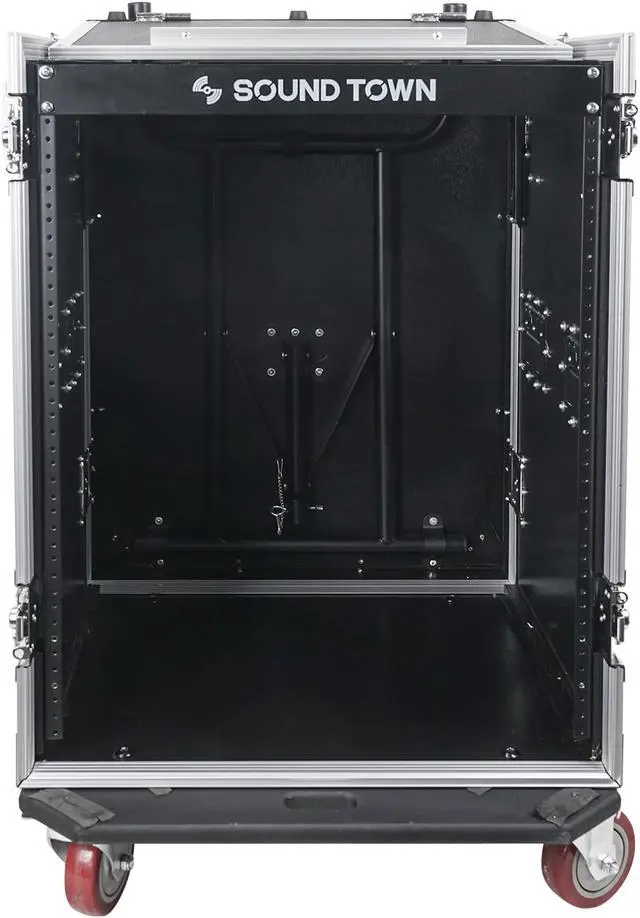 Alt view image 13 of 14 - Sound Town 14-Space PA/DJ Rack/Road ATA Server Case with Slant Mixer Top and Standing Lid Table (STMR-14UWT)