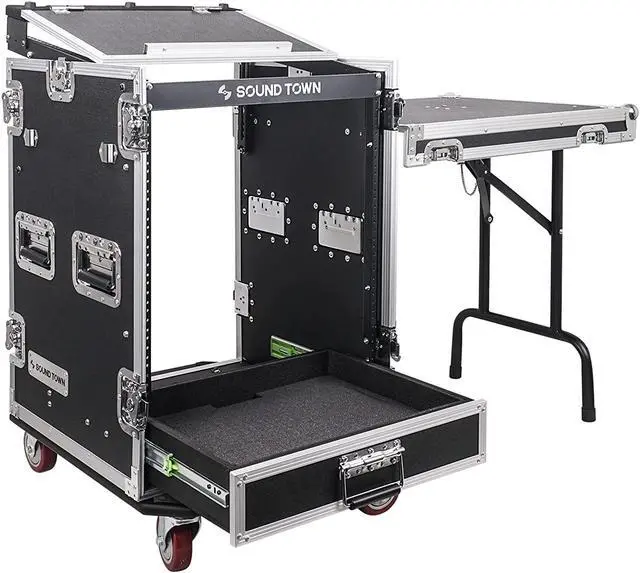 Main image of Sound Town 14U PA DJ Pro Audio Rack/Road ATA Case with 2U Drawer, 11U Slant Mixer Top, DJ Work Table, Casters, Pro Tour Grade (MR-DR14UT)