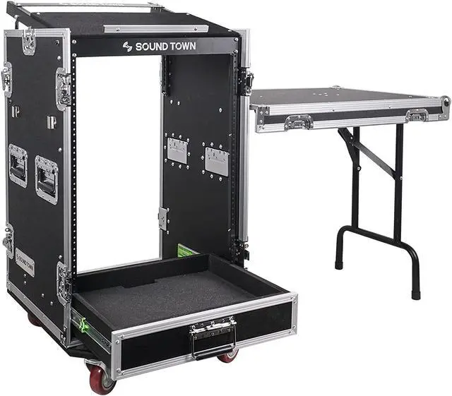Main image of Sound Town 16U PA DJ Pro Audio Rack/Road ATA Case with 2U Drawer, 11U Slant Mixer Top, DJ Work Table, Casters, Pro Tour Grade (MR-DR16UT)