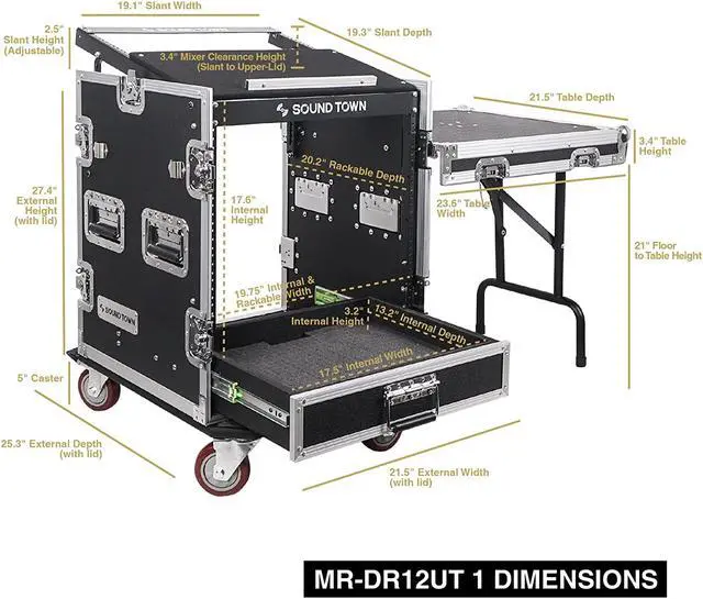 Alt view image 7 of 7 - Sound Town 12U PA DJ Pro Audio Rack/Road ATA Case with 2U Drawer, 11U Slant Mixer Top, DJ Work Table, Casters, Pro Tour Grade (MR-DR12UT)
