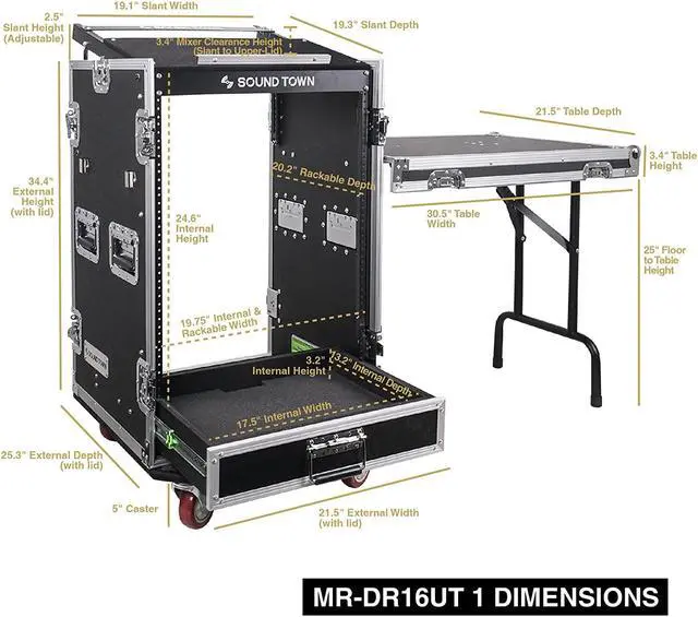 Alt view image 7 of 7 - Sound Town 16U PA DJ Pro Audio Rack/Road ATA Case with 2U Drawer, 11U Slant Mixer Top, DJ Work Table, Casters, Pro Tour Grade (MR-DR16UT)