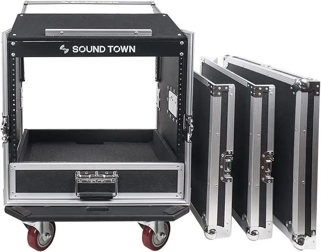Alt view image 3 of 7 - Sound Town 10U PA DJ Pro Audio Rack/Road ATA Case with 2U Drawer, 11U Slant Mixer Top, DJ Work Table, Casters, Pro Tour Grade (MR-DR10U)