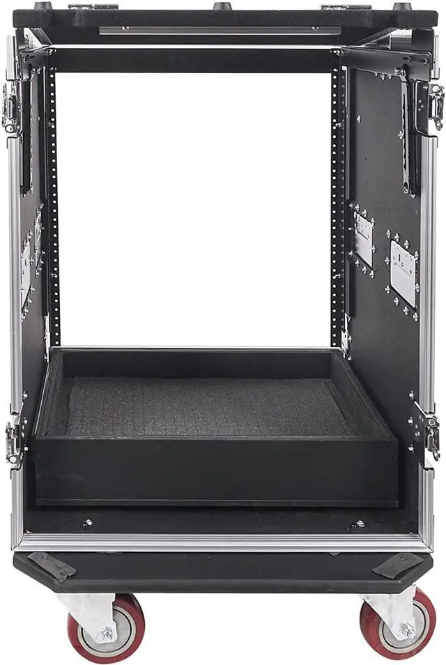 Alt view image 4 of 7 - Sound Town 14U PA DJ Pro Audio Rack/Road ATA Case with 2U Drawer, 11U Slant Mixer Top, Two DJ Work Tables, Casters, Pro Tour Grade (MR-DR14UT2)