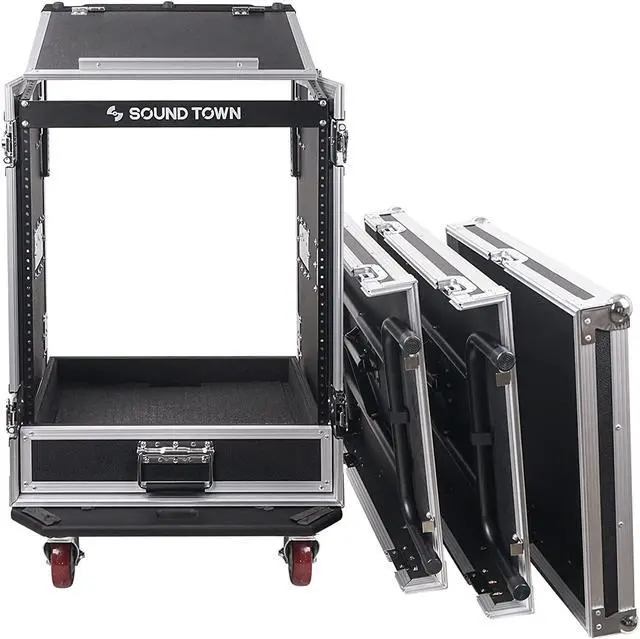 Alt view image 2 of 7 - Sound Town 14U PA DJ Pro Audio Rack/Road ATA Case with 2U Drawer, 11U Slant Mixer Top, Two DJ Work Tables, Casters, Pro Tour Grade (MR-DR14UT2)