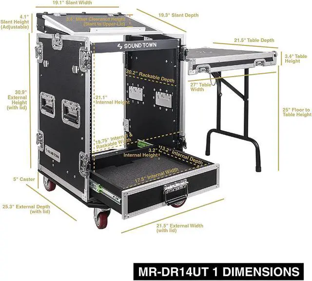 Alt view image 7 of 7 - Sound Town 14U PA DJ Pro Audio Rack/Road ATA Case with 2U Drawer, 11U Slant Mixer Top, DJ Work Table, Casters, Pro Tour Grade (MR-DR14UT)