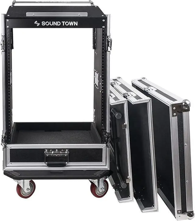 Alt view image 2 of 7 - Sound Town 16U PA DJ Pro Audio Rack/Road ATA Case with 2U Drawer, 11U Slant Mixer Top, DJ Work Table, Casters, Pro Tour Grade (MR-DR16UT)