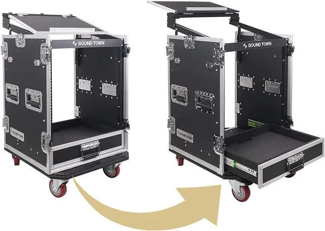 Alt view image 6 of 7 - Sound Town 14U PA DJ Pro Audio Rack/Road ATA Case with 2U Drawer, 11U Slant Mixer Top, Two DJ Work Tables, Casters, Pro Tour Grade (MR-DR14UT2)