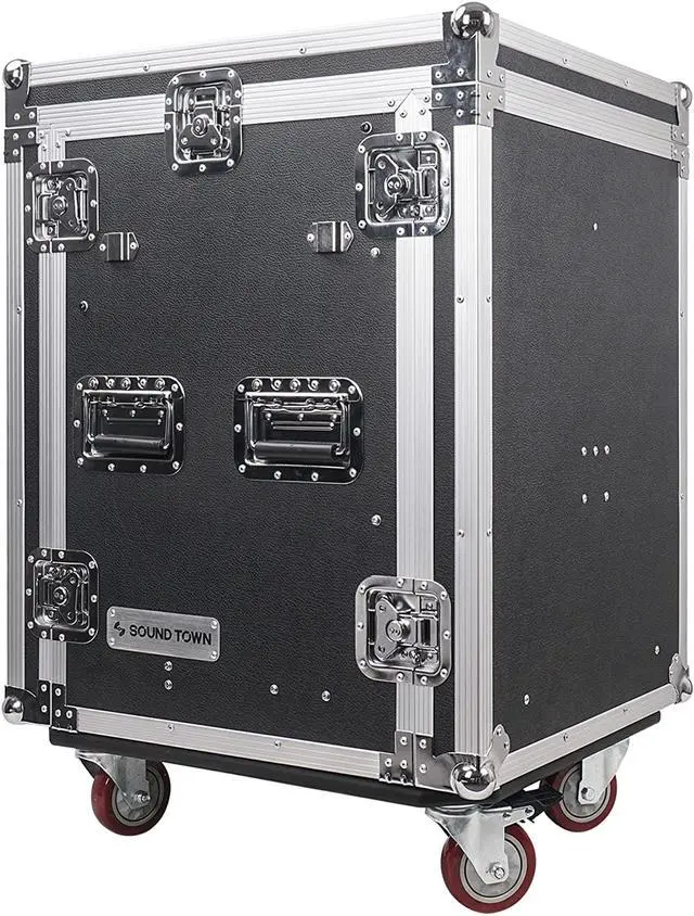 Alt view image 5 of 7 - Sound Town 14U PA DJ Pro Audio Rack/Road ATA Case with 2U Drawer, 11U Slant Mixer Top, Two DJ Work Tables, Casters, Pro Tour Grade (MR-DR14UT2)