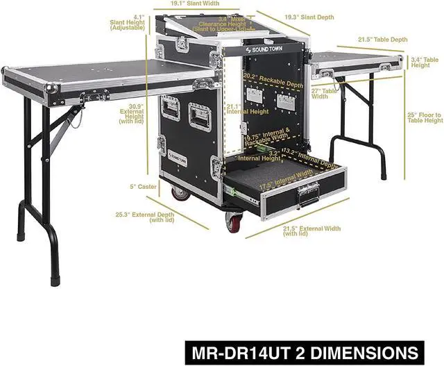 Alt view image 7 of 7 - Sound Town 14U PA DJ Pro Audio Rack/Road ATA Case with 2U Drawer, 11U Slant Mixer Top, Two DJ Work Tables, Casters, Pro Tour Grade (MR-DR14UT2)