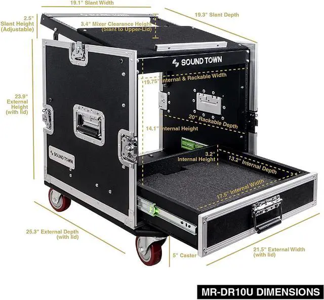 Alt view image 7 of 7 - Sound Town 10U PA DJ Pro Audio Rack/Road ATA Case with 2U Drawer, 11U Slant Mixer Top, DJ Work Table, Casters, Pro Tour Grade (MR-DR10U)