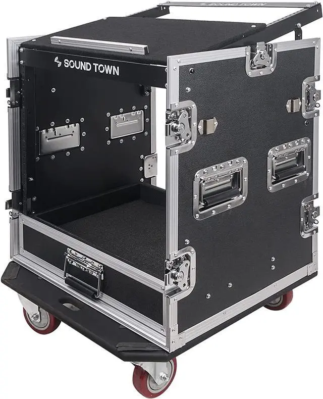 Alt view image 3 of 7 - Sound Town 12U PA DJ Pro Audio Rack/Road ATA Case with 2U Drawer, 11U Slant Mixer Top, DJ Work Table, Casters, Pro Tour Grade (MR-DR12UT)