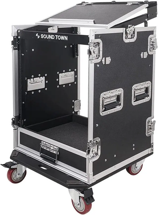 Alt view image 3 of 7 - Sound Town 14U PA DJ Pro Audio Rack/Road ATA Case with 2U Drawer, 11U Slant Mixer Top, Two DJ Work Tables, Casters, Pro Tour Grade (MR-DR14UT2)