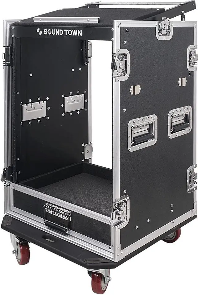 Alt view image 3 of 7 - Sound Town 16U PA DJ Pro Audio Rack/Road ATA Case with 2U Drawer, 11U Slant Mixer Top, DJ Work Table, Casters, Pro Tour Grade (MR-DR16UT)