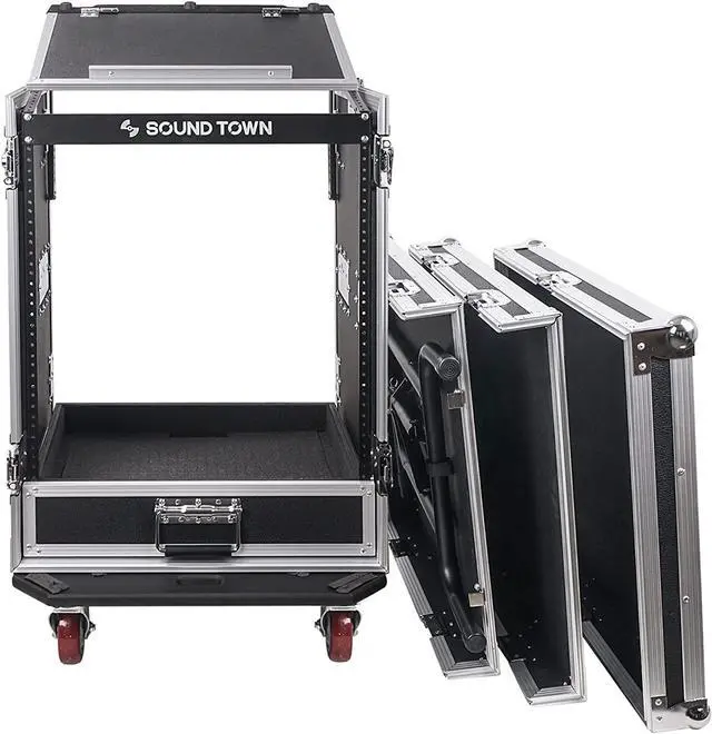 Alt view image 2 of 7 - Sound Town 14U PA DJ Pro Audio Rack/Road ATA Case with 2U Drawer, 11U Slant Mixer Top, DJ Work Table, Casters, Pro Tour Grade (MR-DR14UT)
