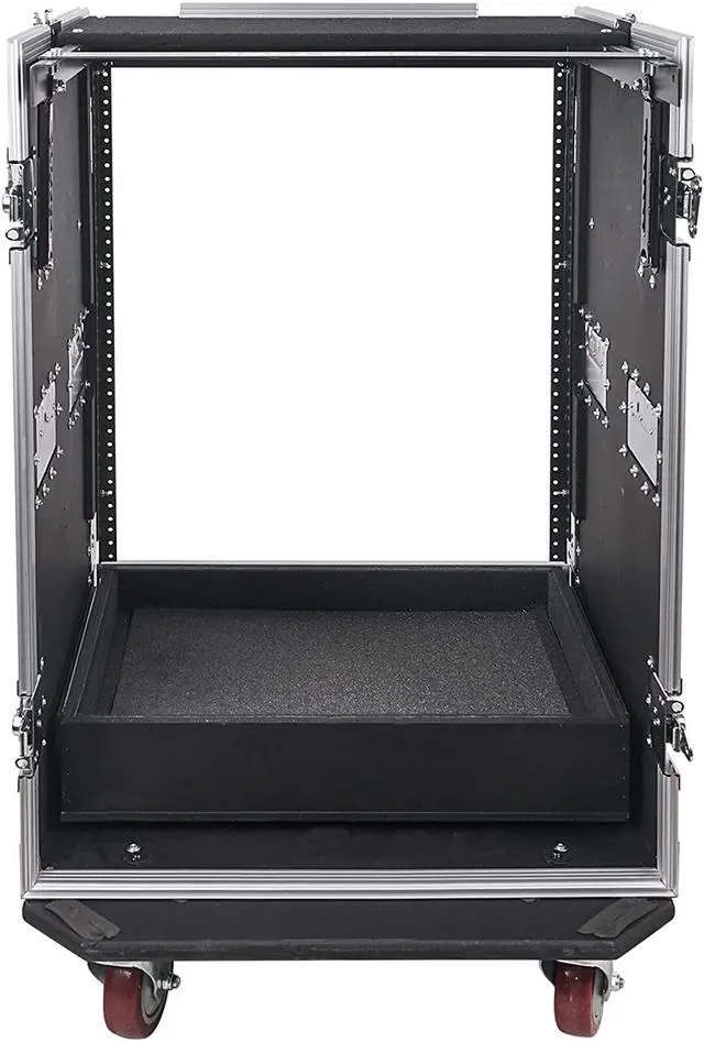 Alt view image 4 of 7 - Sound Town 16U PA DJ Pro Audio Rack/Road ATA Case with 2U Drawer, 11U Slant Mixer Top, DJ Work Table, Casters, Pro Tour Grade (MR-DR16UT)