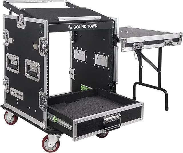 Main image of Sound Town 12U PA DJ Pro Audio Rack/Road ATA Case with 2U Drawer, 11U Slant Mixer Top, DJ Work Table, Casters, Pro Tour Grade (MR-DR12UT)