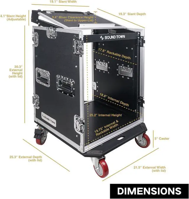 Alt view image 14 of 14 - Sound Town 14U PA DJ Rack/Road Case with 11U Slant Mixer Top, 20’’ Rackable Depth and Casters, 14-Space ATA Case (STMR-14UW)