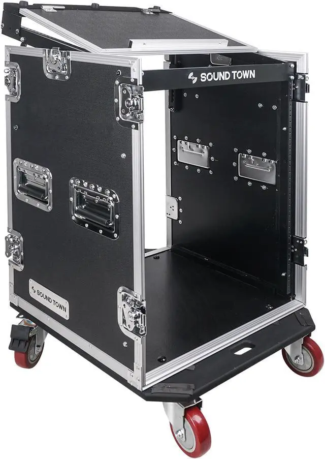 Alt view image 11 of 14 - Sound Town 14U PA DJ Rack/Road Case with 11U Slant Mixer Top, 20’’ Rackable Depth and Casters, 14-Space ATA Case (STMR-14UW)