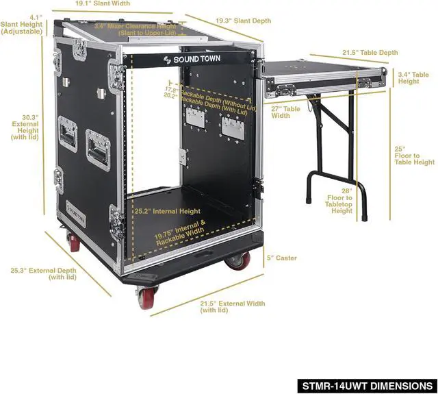 Alt view image 14 of 14 - Sound Town 14-Space PA/DJ Rack/Road ATA Server Case with Slant Mixer Top and Standing Lid Table (STMR-14UWT)