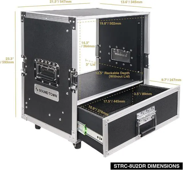 Alt view image 7 of 7 - Sound Town 8U Rack Case with 2U Rack Drawer, Casters, for 19" Amps, Mixers, Microphone Receivers (STRC-8U2DR)