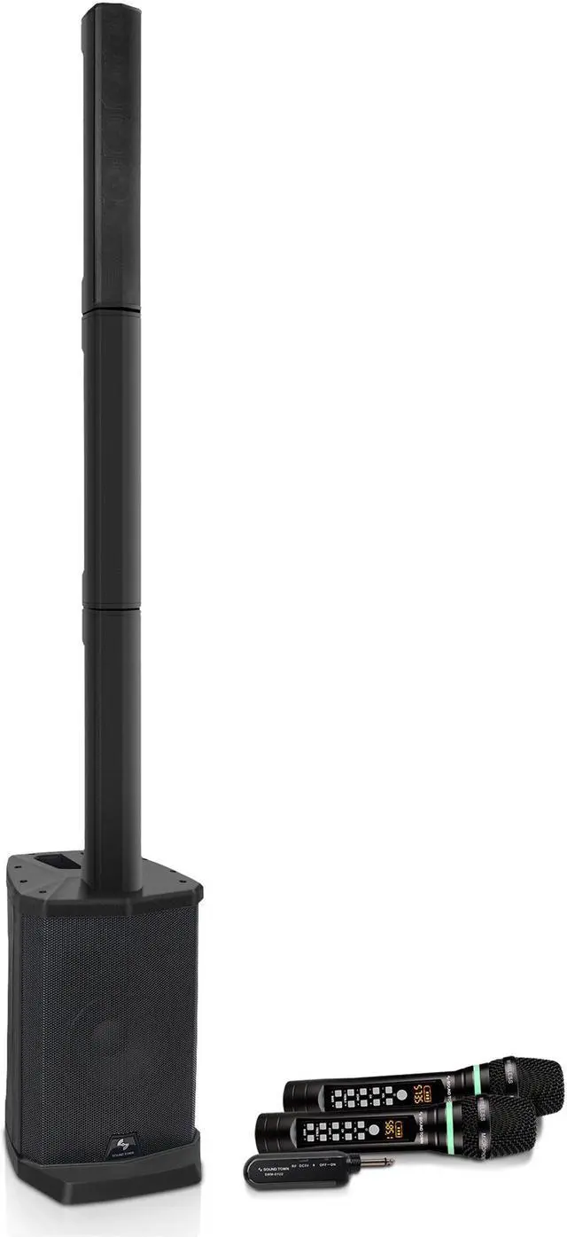 Main image of Sound Town Portable PA/DJ System w/ 8" Powered Subwoofer, One 4 x 2.5 Column Speaker and Two UHF Wireless Microphones (CARPO-L1SWM01)