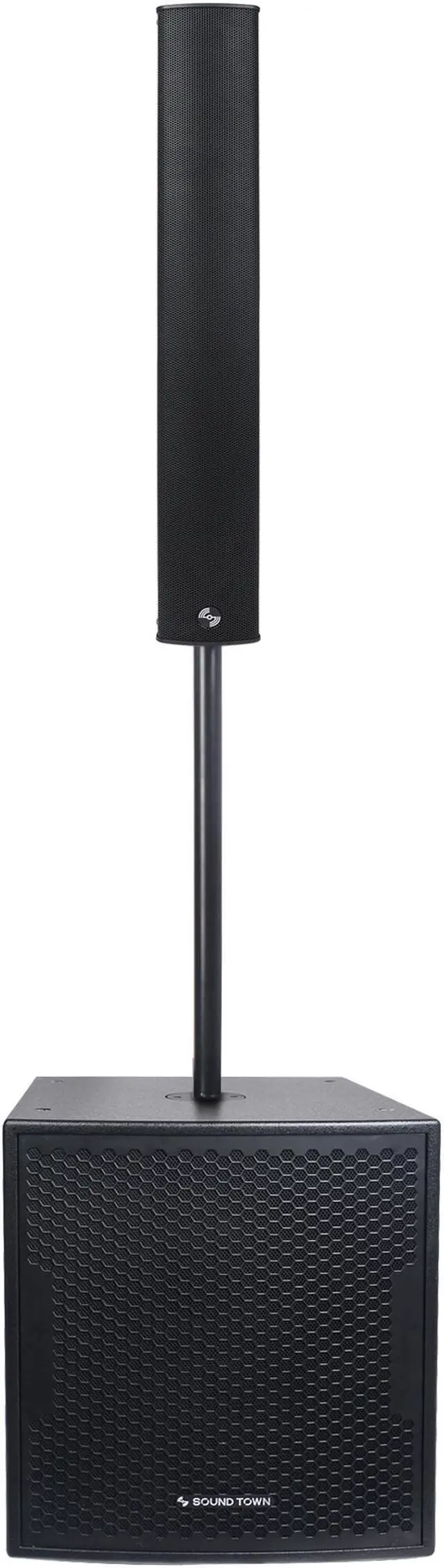 Main image of Sound Town Line Array Column PA/DJ Speaker System with One 18" Powered Subwoofer w/DSP and Speaker Output, One 6 x 3 Line Array Column Speakers, Black (CARME-18M64)