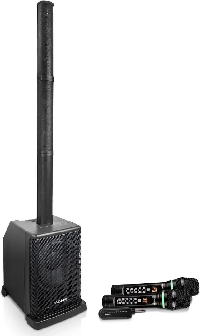 Main image of Sound Town Portable PA/DJ System w/ 12" Powered Subwoofer, 8 x 3 Column Speaker and Two UHF Wireless Microphones (CARPO-L2SWM01)