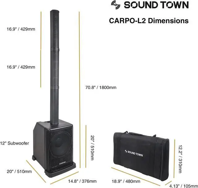 Alt view image 2 of 7 - Sound Town Portable PA/DJ System w/ 12" Powered Subwoofer, 8 x 3 Column Speaker and Two UHF Wireless Microphones (CARPO-L2SWM01)