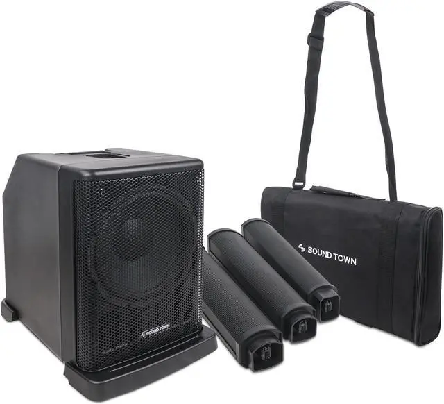Alt view image 3 of 7 - Sound Town Portable PA/DJ System w/ 12" Powered Subwoofer, 8 x 3 Column Speaker and Two UHF Wireless Microphones (CARPO-L2SWM01)