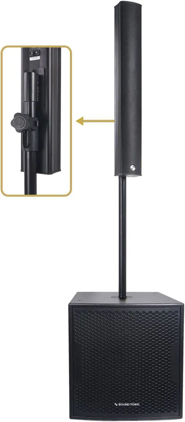 Alt view image 2 of 7 - Sound Town Line Array Column PA/DJ Speaker System with One 18" Powered Subwoofer w/DSP and Speaker Output, One 6 x 3 Line Array Column Speakers, Black (CARME-18M64)