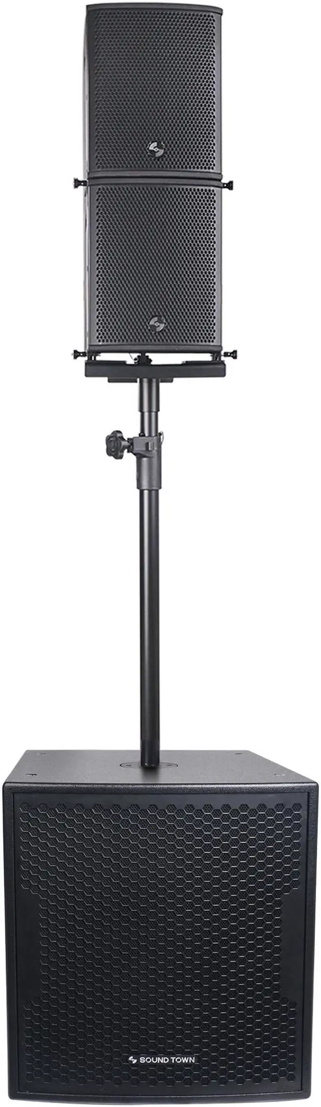Main image of Sound Town Line Array Speaker System with One 18" Powered Subwoofer w/DSP and Speaker Output, Two 6 x 3 Line Array Speakers, Black (CARME-18M3)
