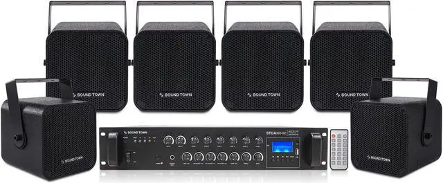 Main image of Sound Town 6-Zone 70V/100V Commercial Amplifier and 6 Wall-Mount 5 Installation Speaker System, for Restaurants, Bars, Cafes, Schools, Churches, Black