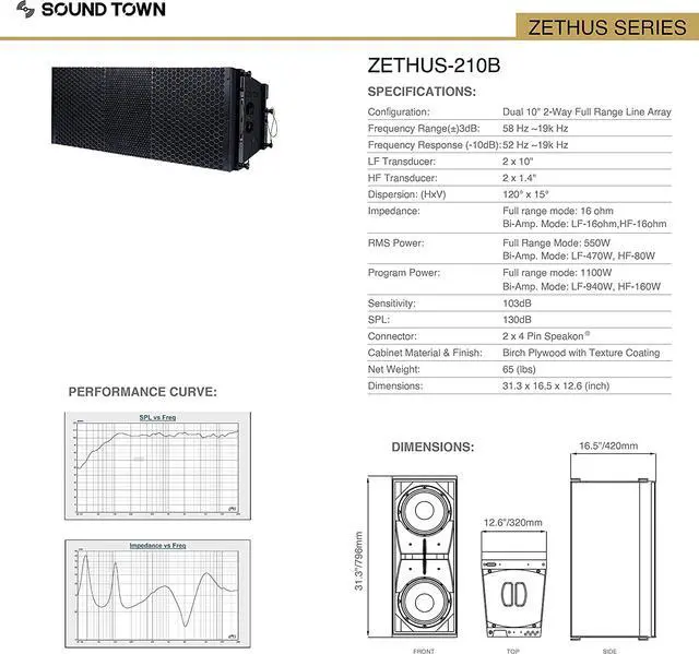 Alt view image 6 of 6 - Sound Town ZETHUS Pair of Dual 10-inch Line Array Speaker System with Dual Titanium Compression Drivers, Full Range/Bi-amp Switchable, Black (ZETHUS-210B-PAIR)