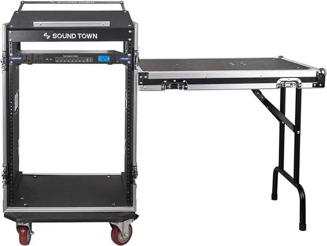Main image of Sound Town PA DJ Combo with 16U Rack/Road ATA Case w/Slant Mixer Top, DJ Work Table, One 10 Outlet AC Power Conditioner/Sequencer (STMR-16TPS10)