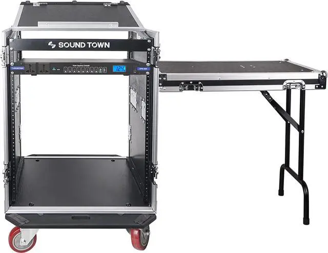 Main image of Sound Town PA DJ Combo with 14U Rack/Road ATA Case w/Slant Mixer Top, DJ Work Table, One 10 Outlet AC Power Conditioner/Sequencer (STMR-14TPS10)