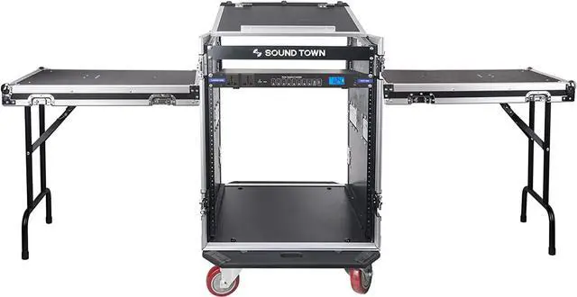 Main image of Sound Town PA DJ Combo with 14U Rack/Road ATA Case w/Slant Mixer Top, 2 DJ Tables and Casters, One 10 Outlet AC Power Conditioner/Sequencer (STMR-14T2PS10)