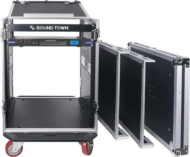Alt view image 2 of 7 - Sound Town PA DJ Combo with 14U Rack/Road ATA Case w/Slant Mixer Top, DJ Work Table, One 10 Outlet AC Power Conditioner/Sequencer (STMR-14TPS10)